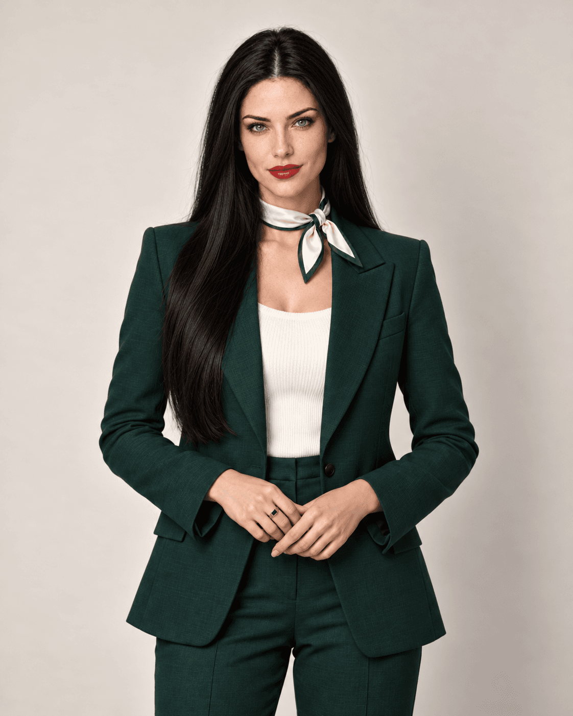 Clara, assistente virtual de estilo e imagem, com conjunto esmeralda e lenço claro
